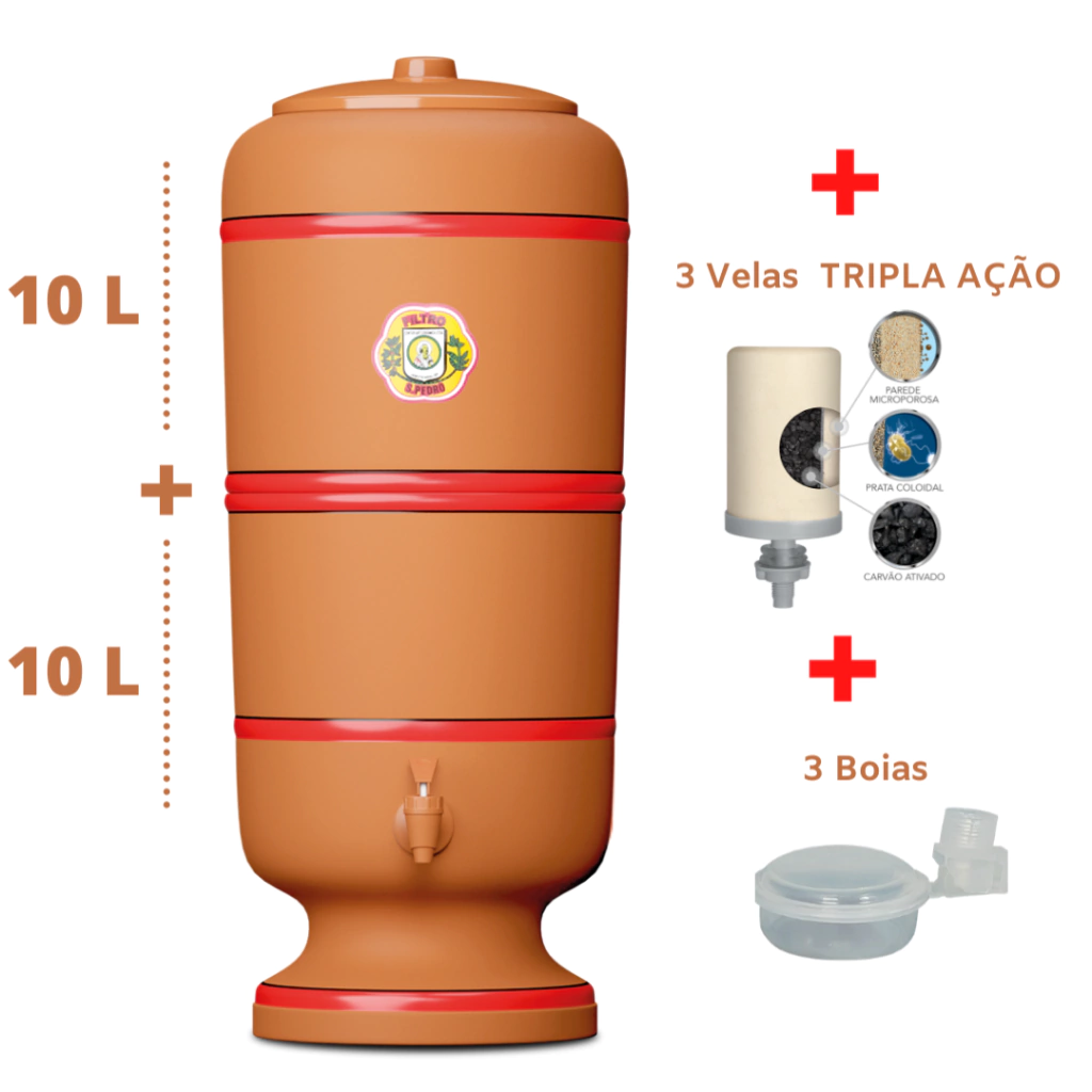 Filtro de Barro São Pedro - 10 litros + 3 velas Tripla Ação